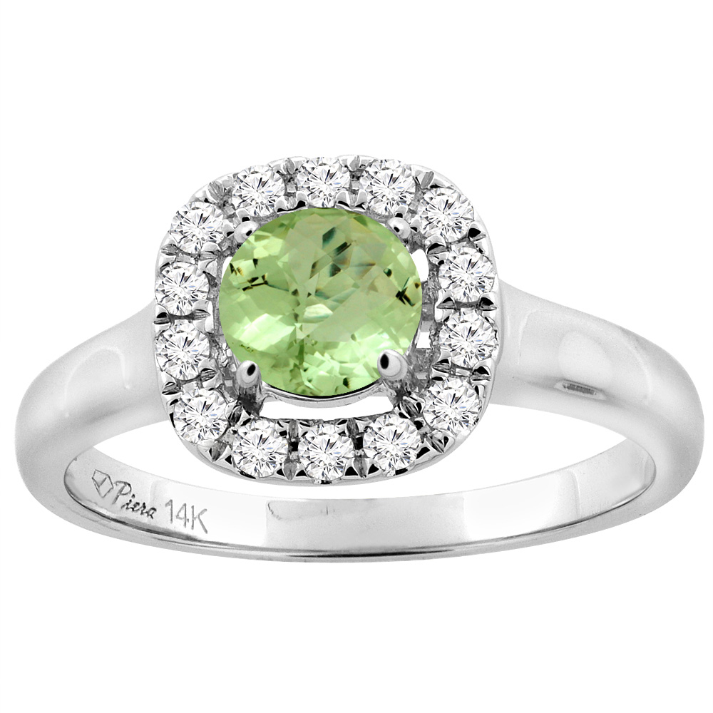 14K White Gold Natural Peridot Halo Engagement Ring Round 6 mm Diamond Accents, sizes 5 - 10