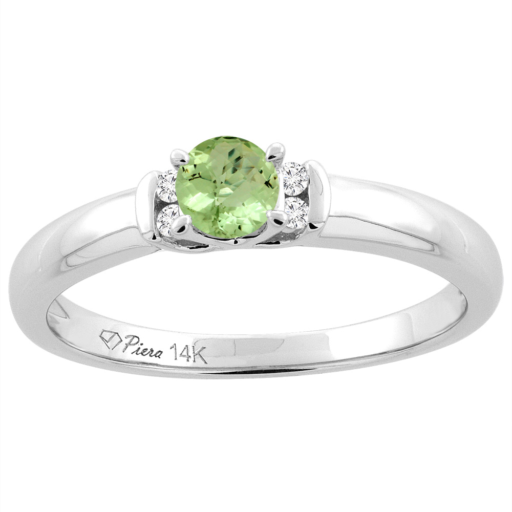 14K White Gold Natural Peridot Engagement Ring Round 4 mm &amp; Diamond Accents, sizes 5 - 10