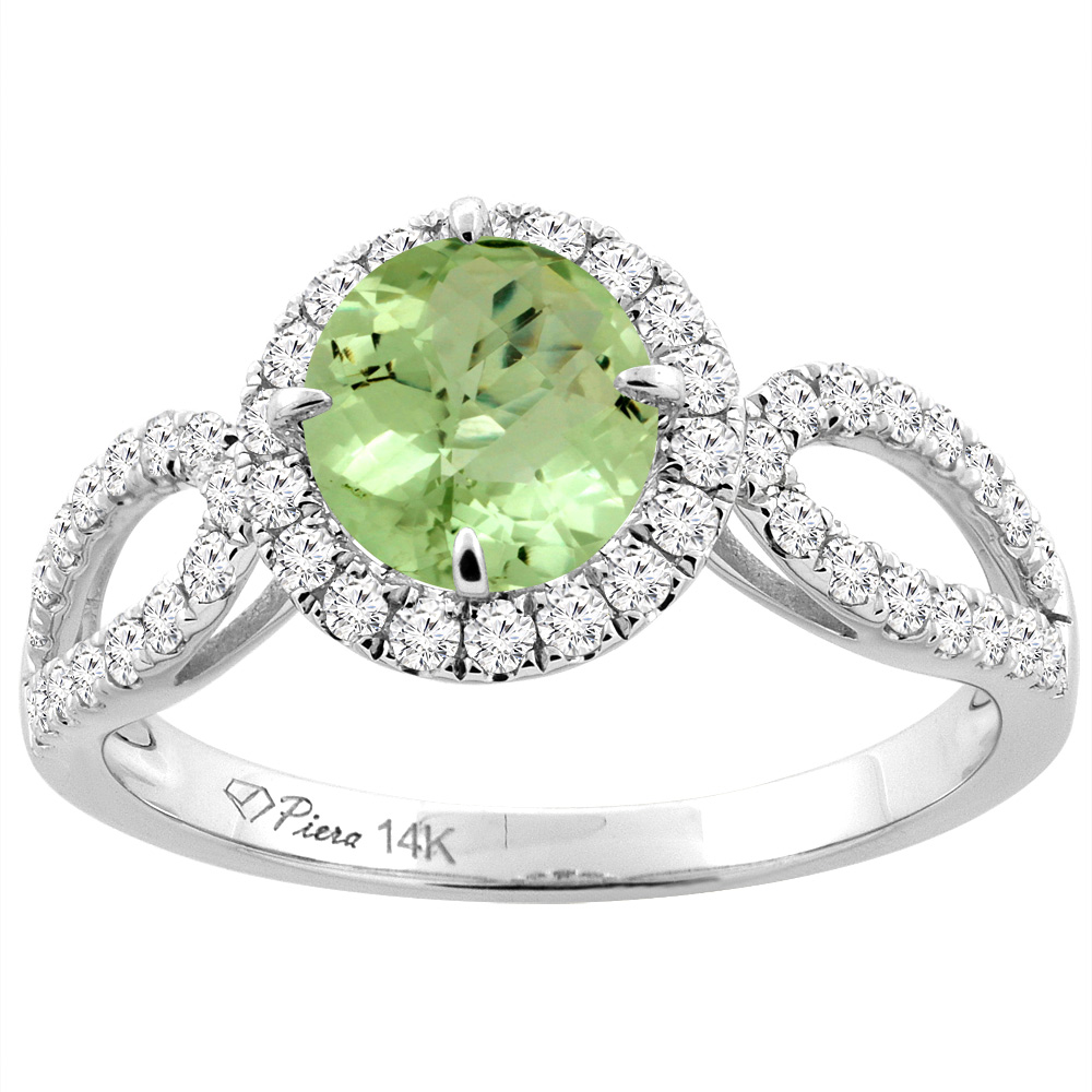 14K White Gold Natural Peridot Engagement Halo Ring Round 6 mm & Diamond Accents, sizes 5 - 10