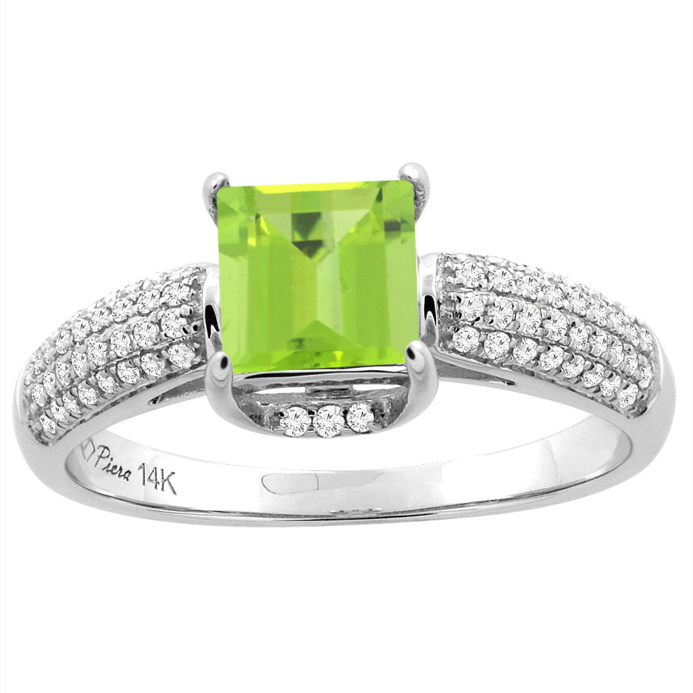 14K White Gold Natural Peridot Engagement Ring Square 6 mm & Diamond Accents, sizes 5 - 10