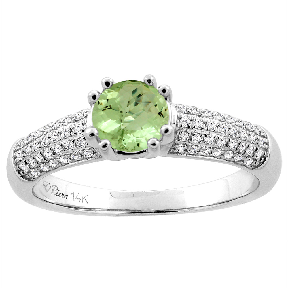 14K White Gold Natural Peridot Engagement Ring Round 6 mm &amp; Diamond Accents, sizes 5 - 10