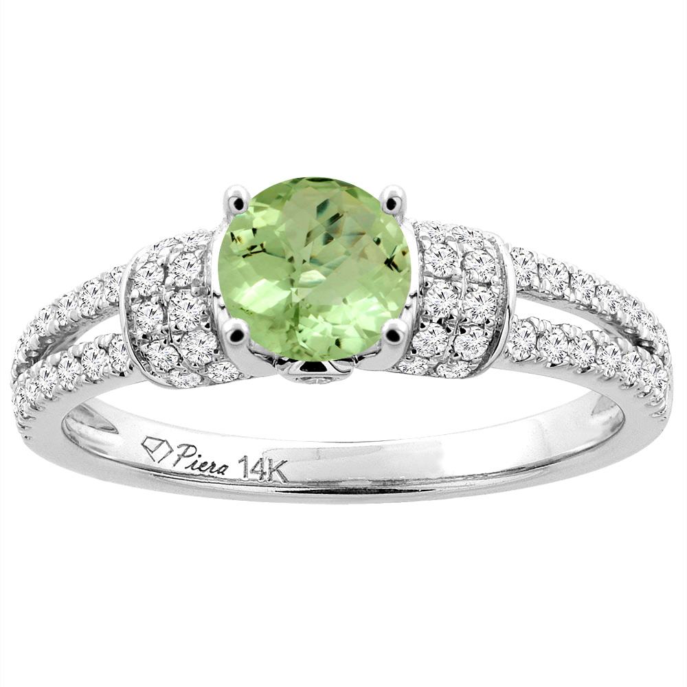 14K White Gold Natural Peridot Engagement Ring Round 6 mm & Diamond Accents, sizes 5 - 10