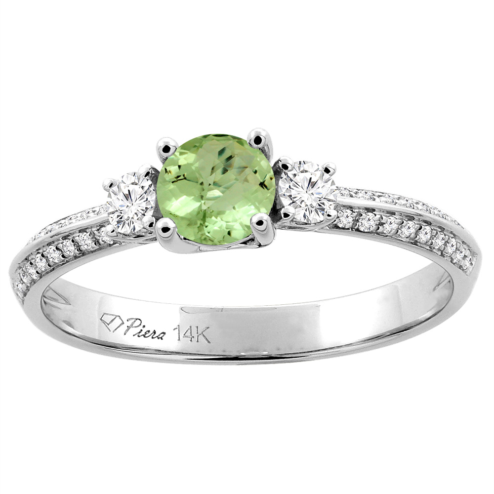 14K White Gold Natural Peridot Engagement Ring Round 5 mm &amp; Diamond Accents, sizes 5 - 10