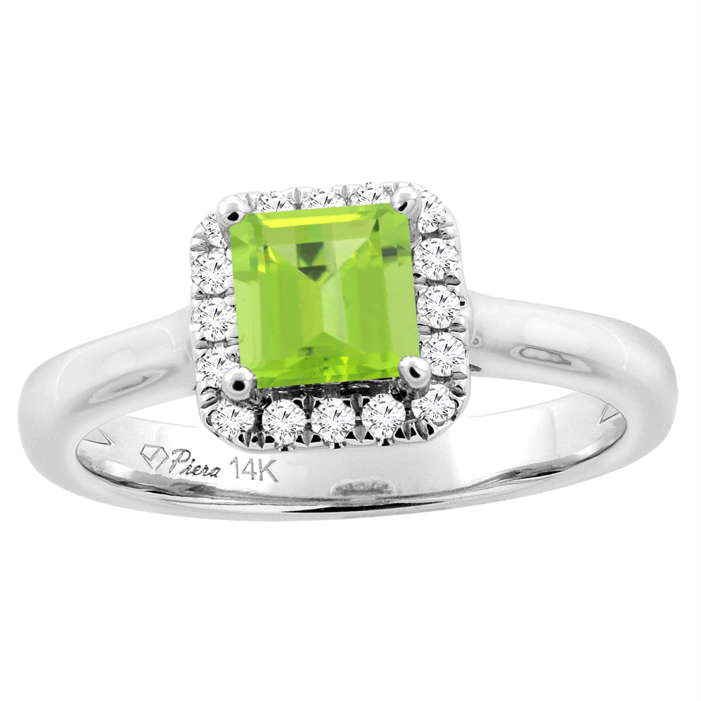 14K White Gold Natural Peridot Halo Engagement Ring Square 5 mm & Diamond Accents, sizes 5 - 10