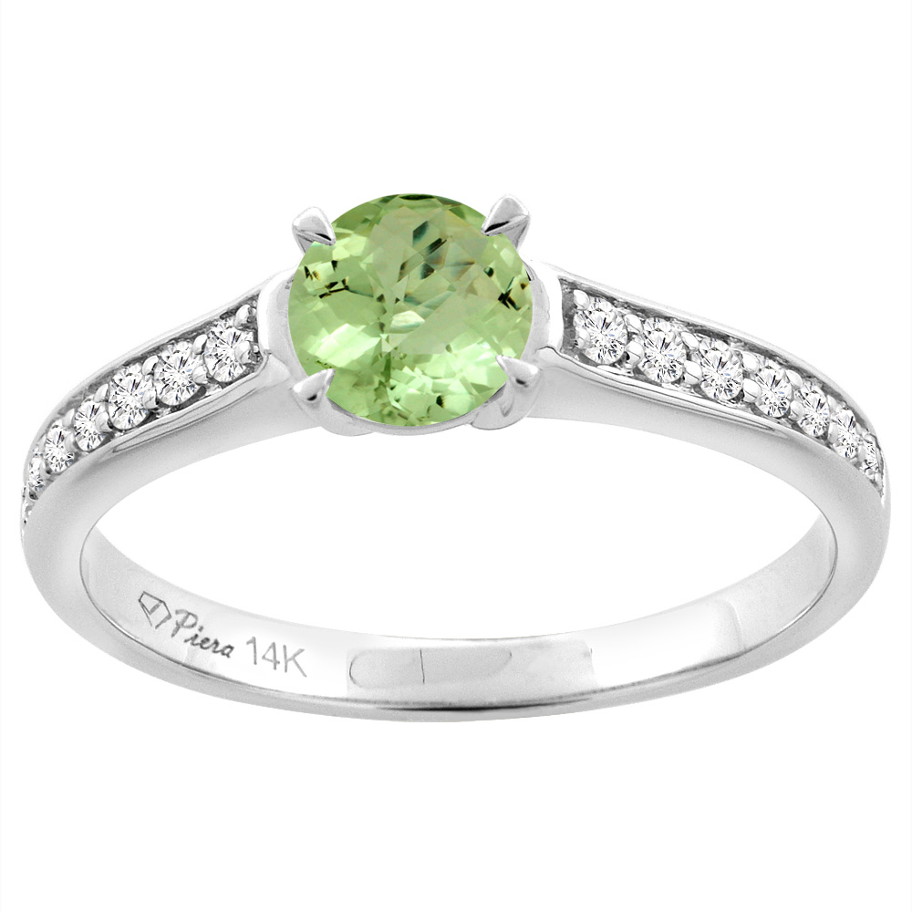 14K White Gold Natural Peridot Engagement Ring Round 6 mm & Diamond Accents, sizes 5 - 10