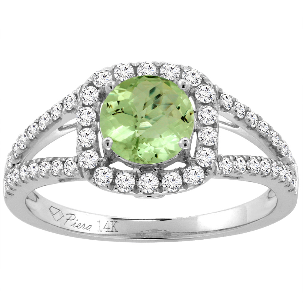 14K White Gold Diamond Natural Peridot Engagement Halo Ring Round 7 mm, sizes 5-10