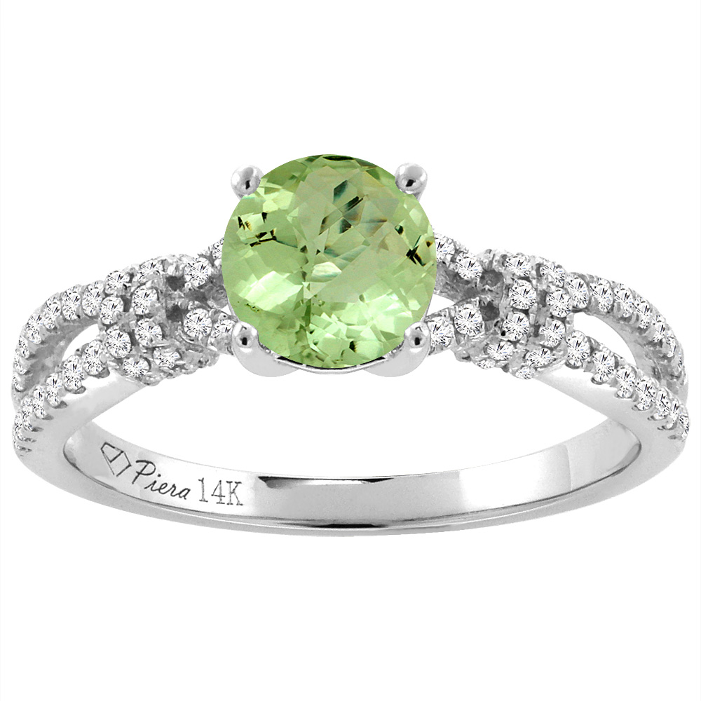 14K White Gold Diamond Natural Peridot Engagement Ring Round 7 mm, sizes 5-10