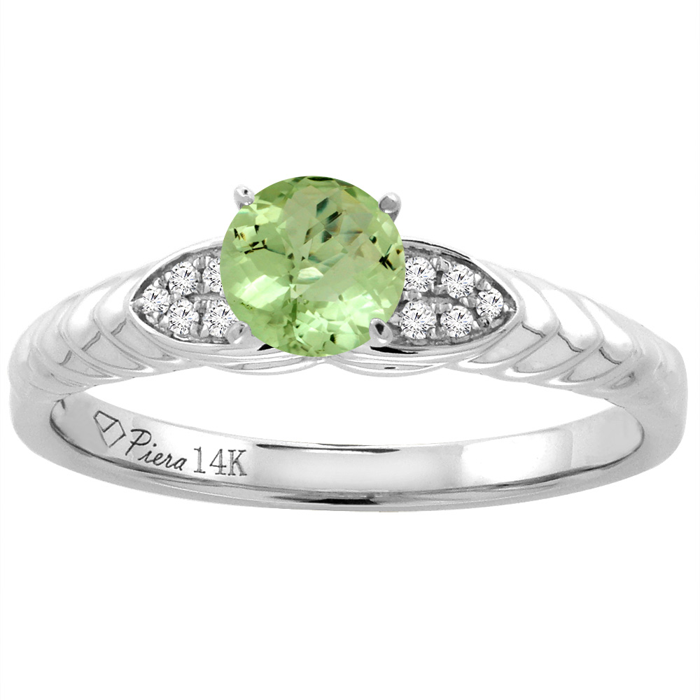 14K White Gold Diamond Natural Peridot Engagement Ring Round 5 mm, sizes 5-10