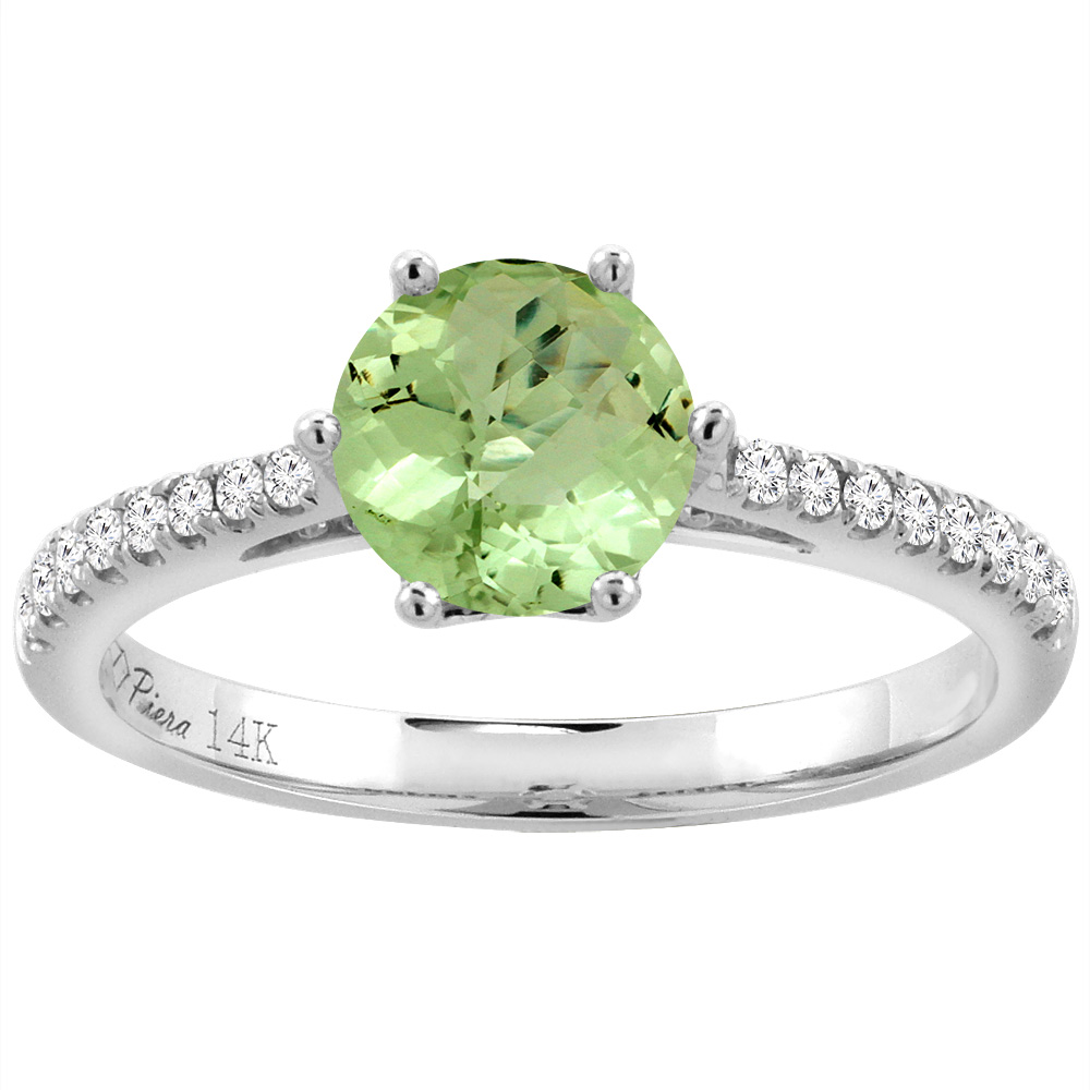 14K White Gold Diamond Natural Peridot Engagement Ring Round 7 mm, sizes 5-10