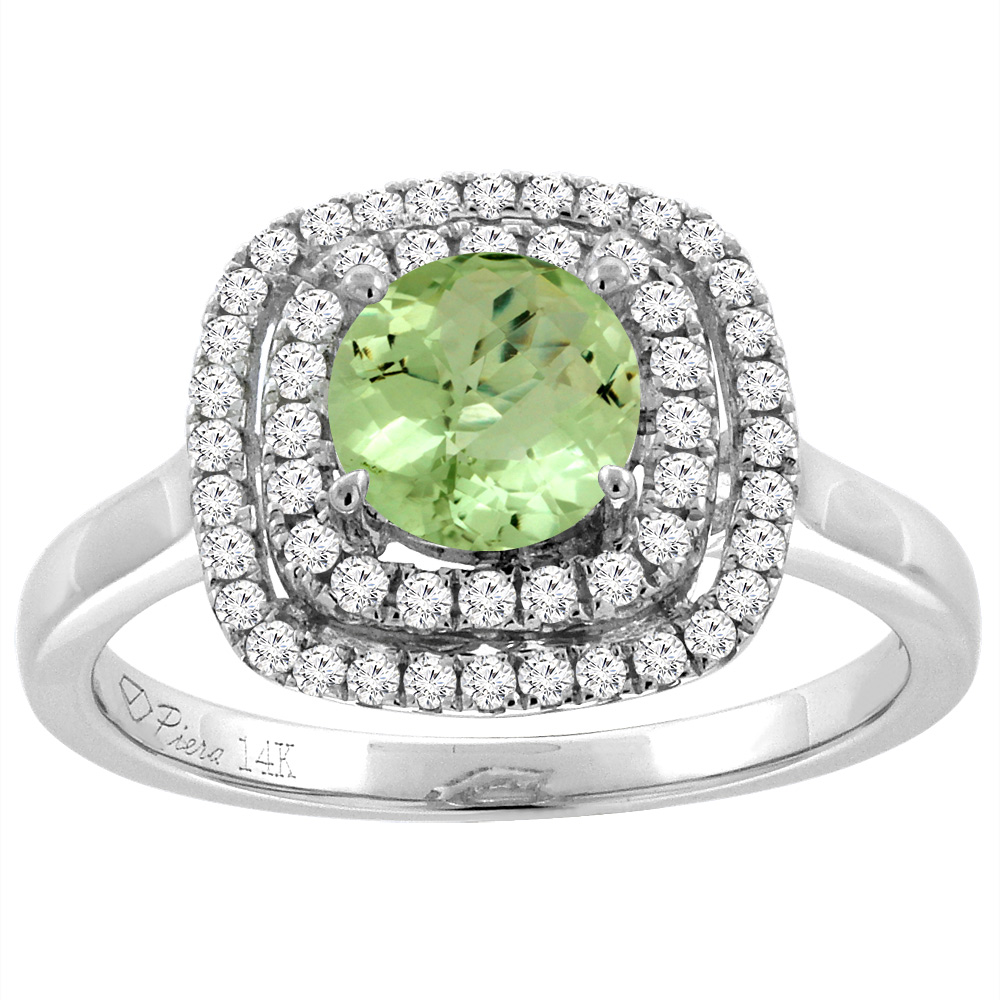 14K White Gold Natural Peridot Double Halo Diamond Engagement Ring Round 7 mm, sizes 5-10