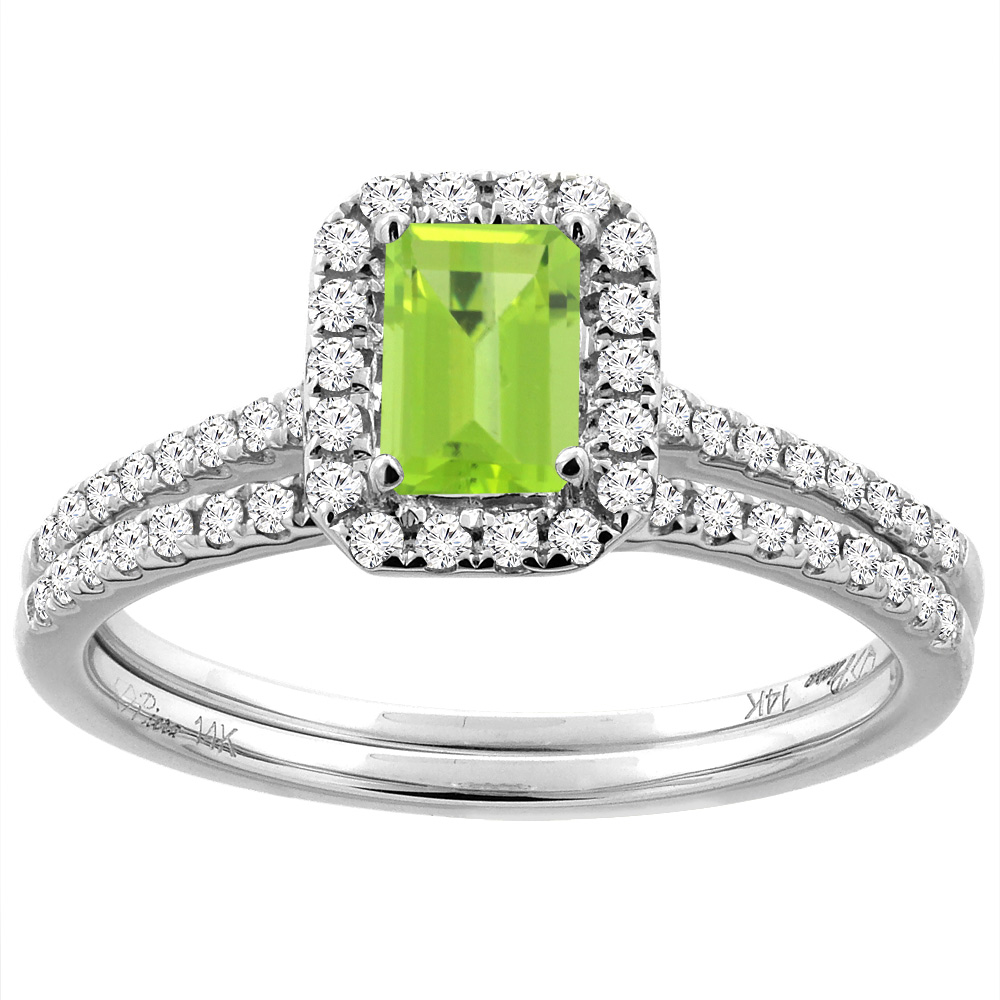 14K White/Yellow Gold Diamond Halo Natural Peridot 2pc Engagement Ring Set Octagon 7x5 mm, sizes 5-10