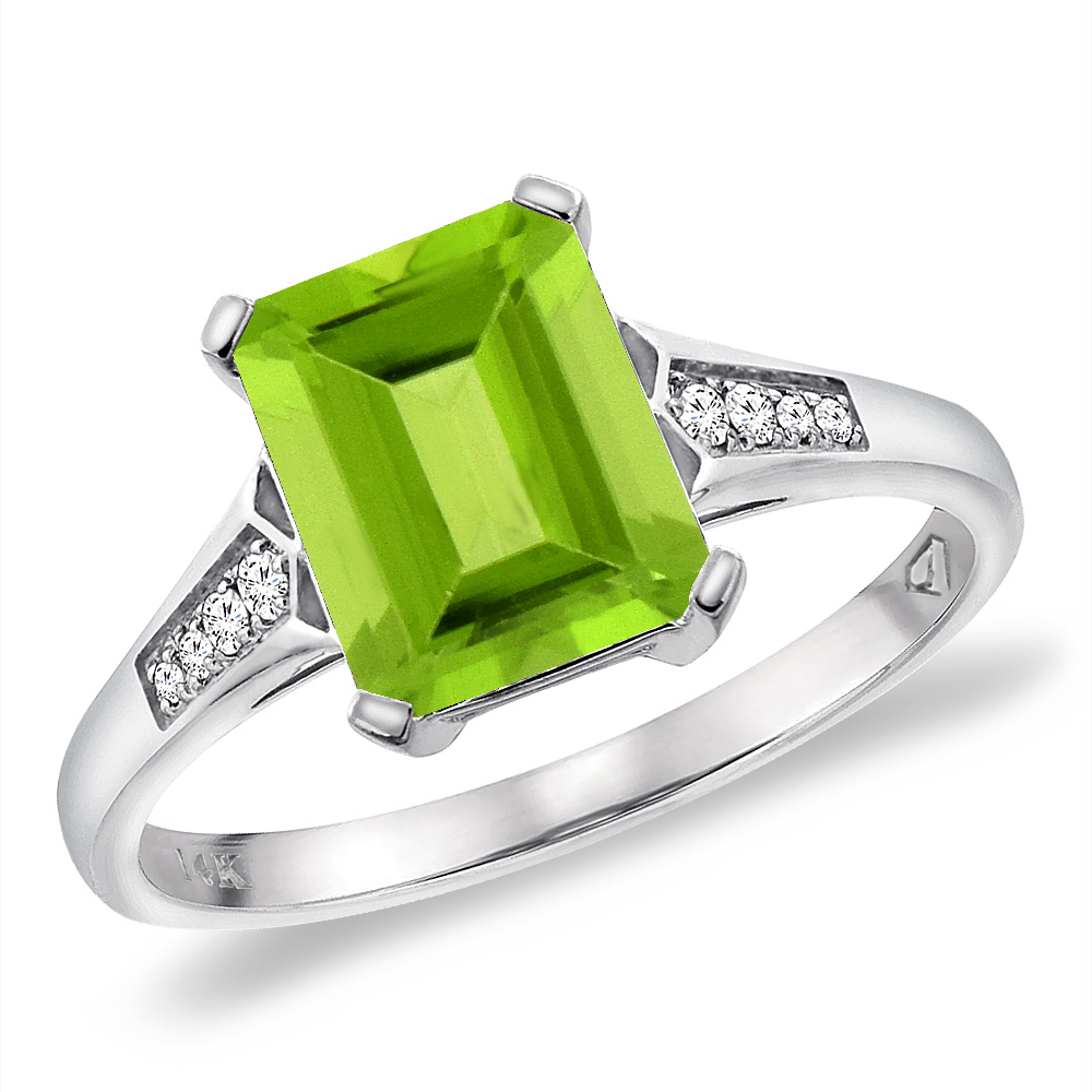 14K White Gold Natural Peridot Ring 9x7 mm Octagon with Diamond Accent, sizes 5 -10