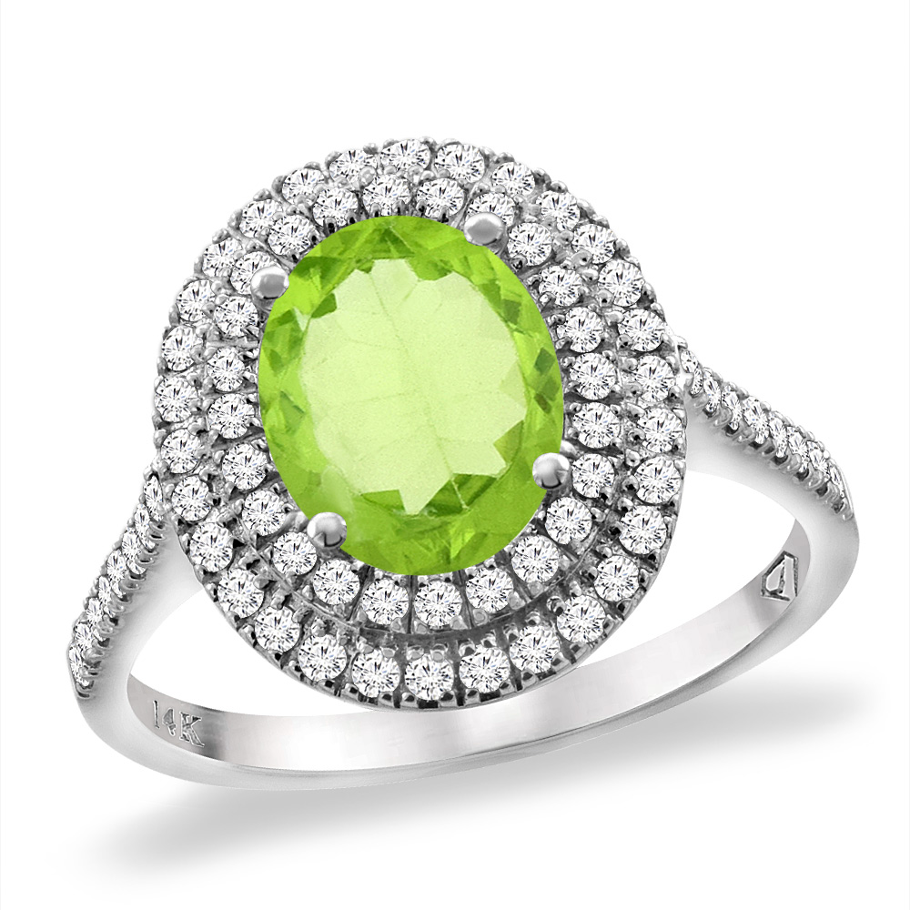 14K White Gold Natural Peridot Two Halo Diamond Engagement Ring 9x7 mm Oval, sizes 5 -10