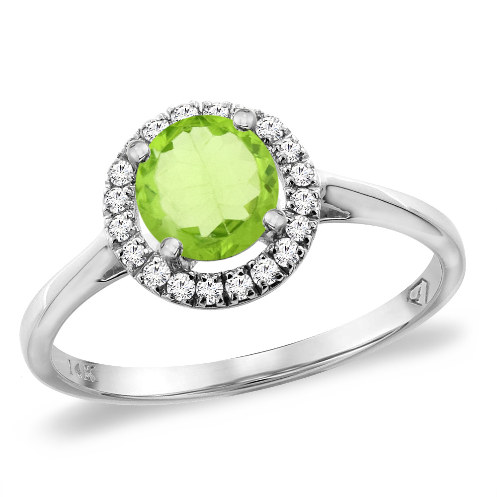 14K White Gold Diamond Halo Natural Peridot Engagement Ring Round 6 mm, sizes 5 -10