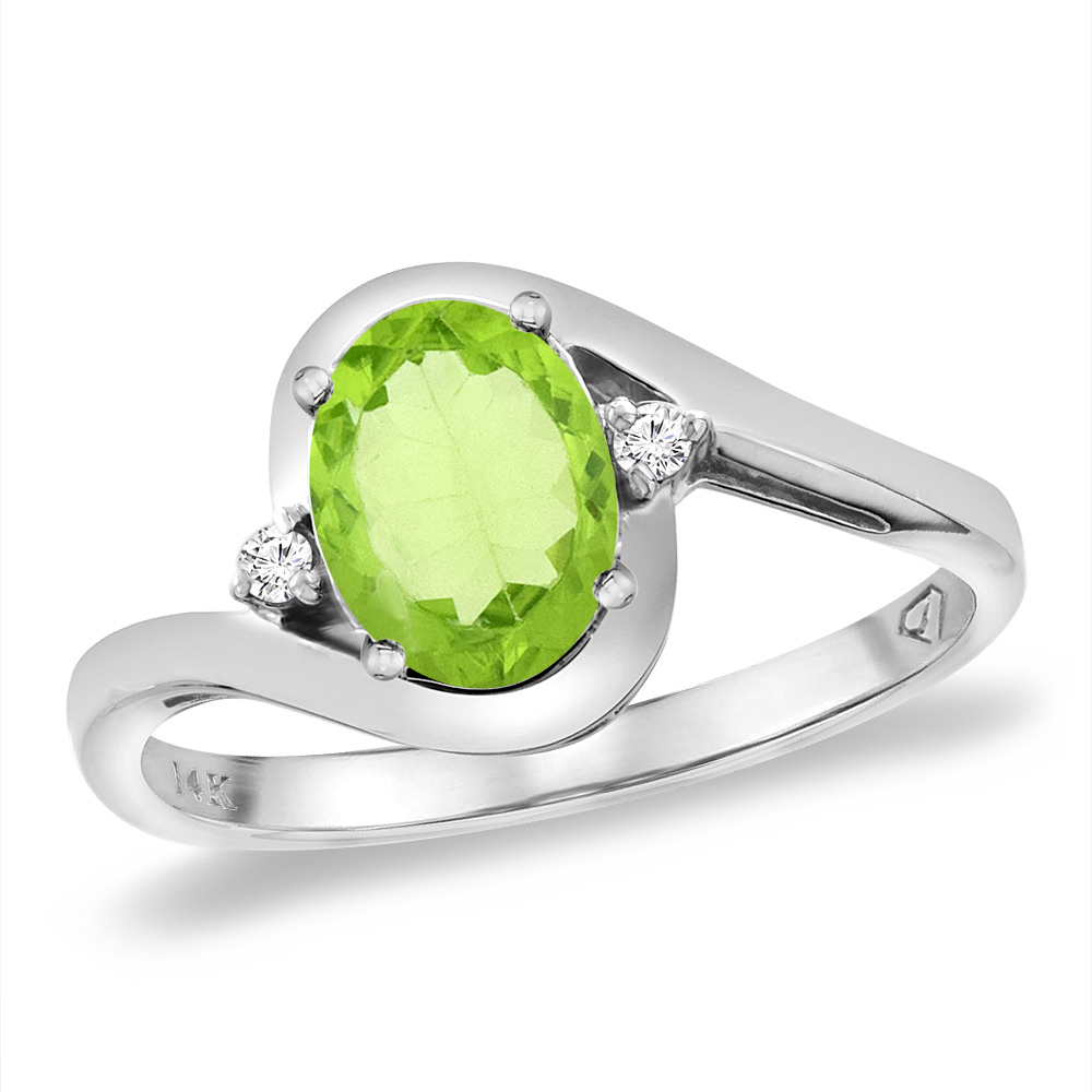 14K White Gold Diamond Natural Peridot Bypass Engagement Ring Oval 8x6 mm, sizes 5 -10