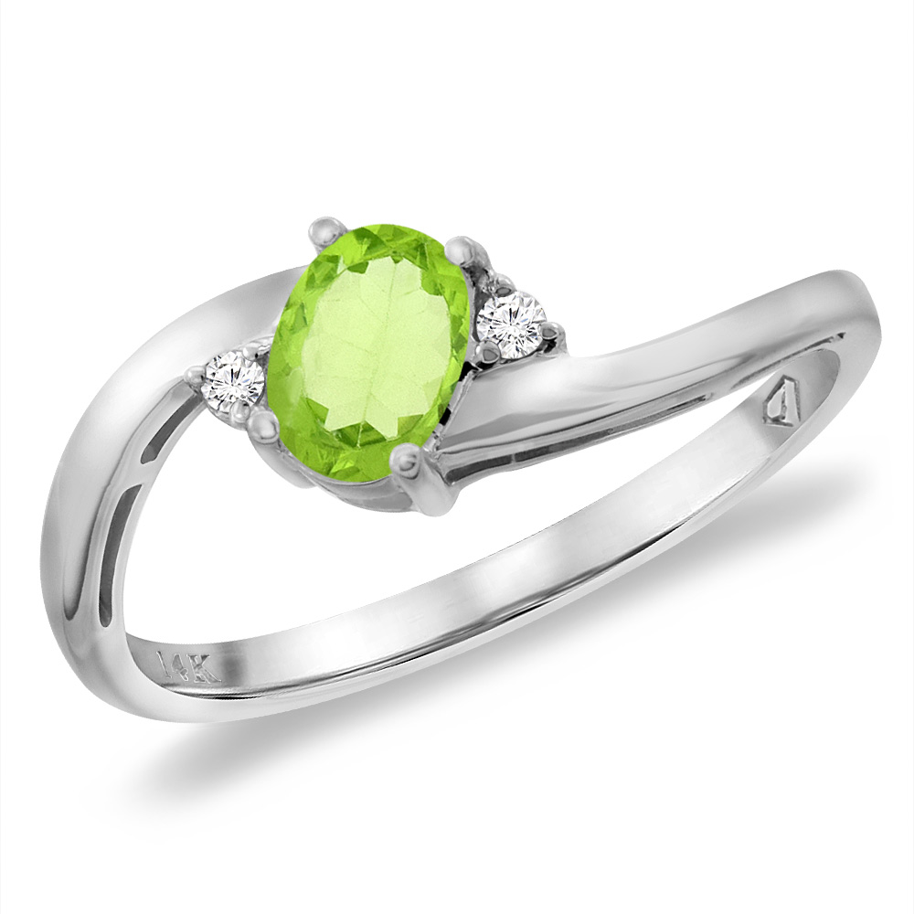 14K White Gold Diamond Natural Peridot Bypass Engagement Ring Oval 6x4 mm, sizes 5 -10