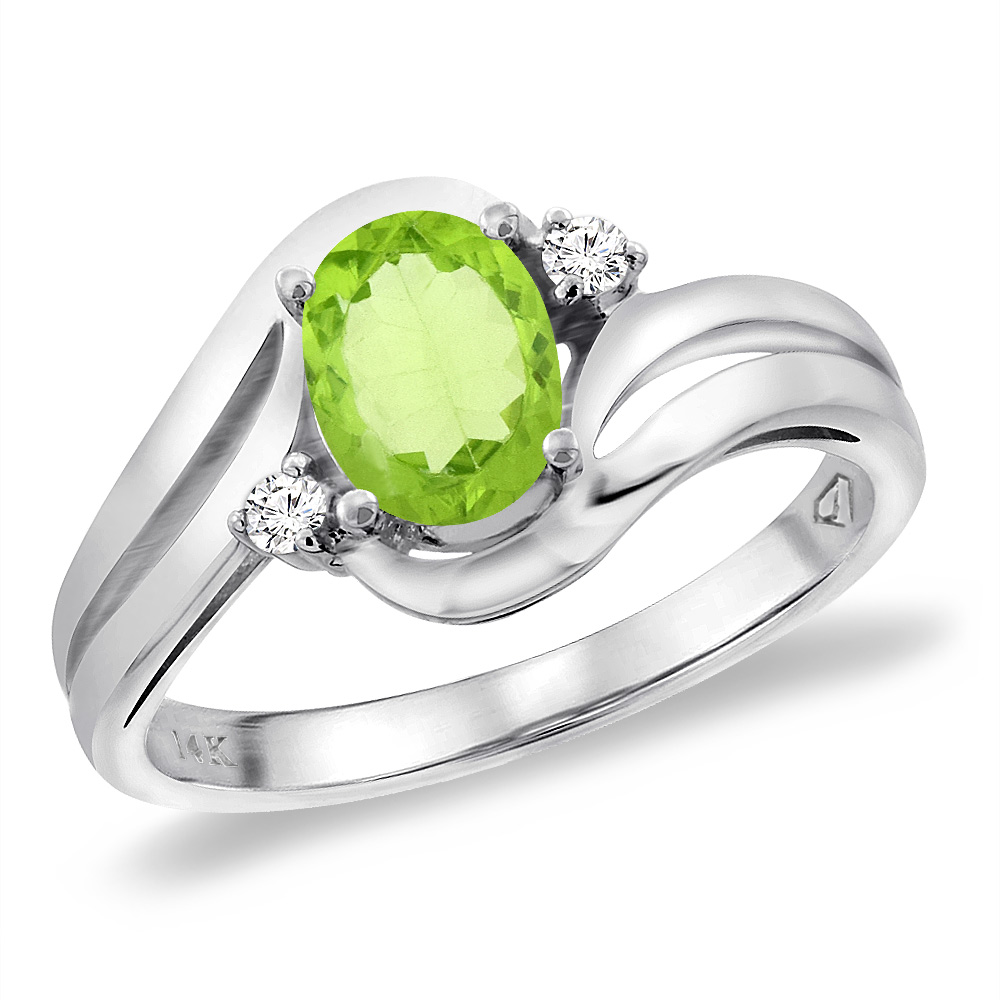 14K White Gold Diamond Natural Peridot Bypass Engagement Ring Oval 8x6 mm, sizes 5 -10