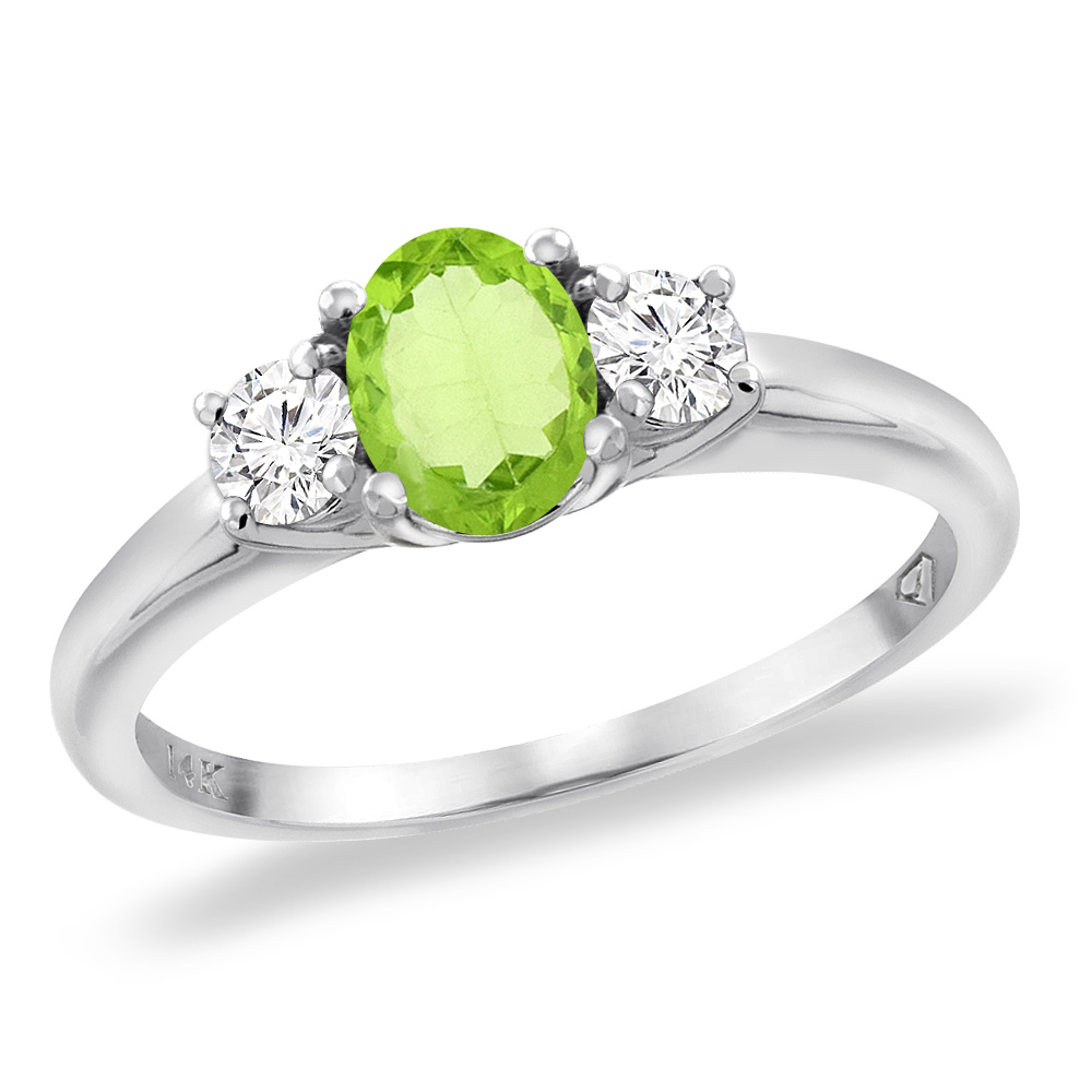 14K White Gold Natural Peridot Engagement Ring Diamond Accents Oval 7x5 mm, sizes 5 -10