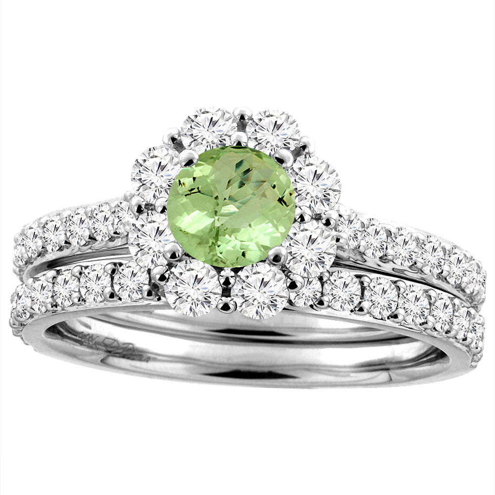 14K White Gold Diamond Natural Peridot Halo Engagement Ring Set Round 5 mm, sizes 5-10
