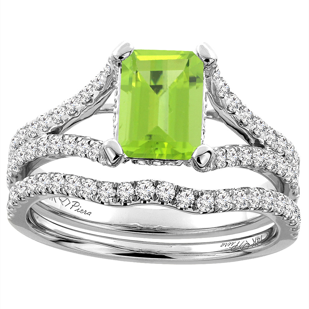 14K White Gold Natural Peridot Engagement Ring Set Emerald 8x6 mm, sizes 5-10