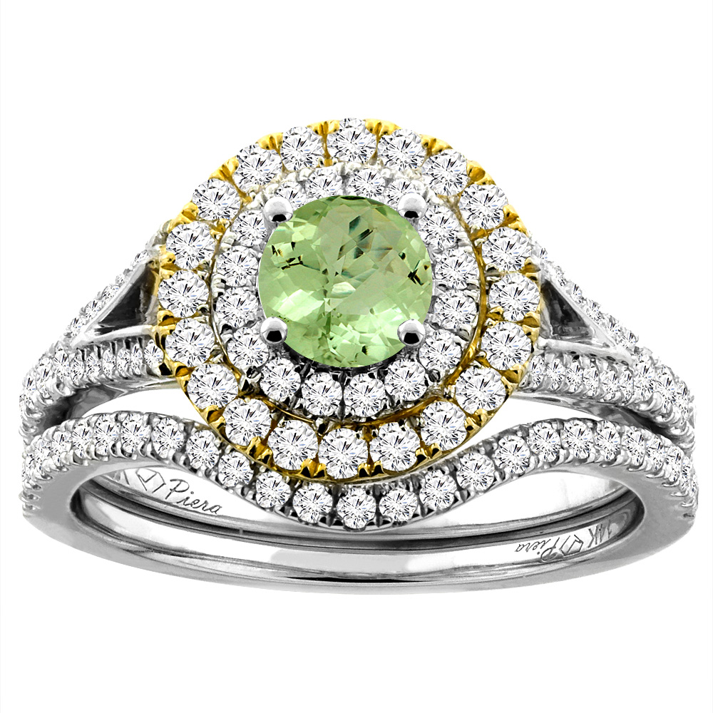 14K White Gold Diamond Natural Peridot Halo Engagement Bridal Ring Set Round 5 mm, sizes 5-10