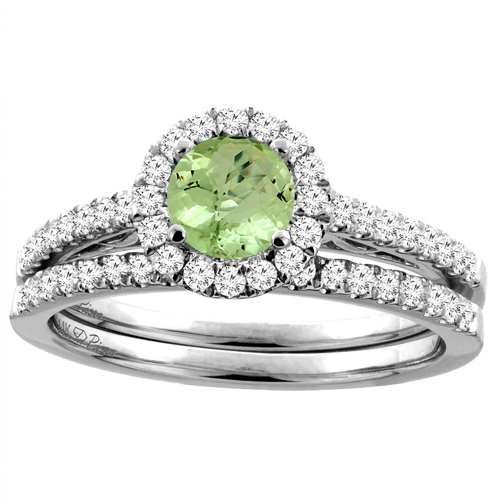 14K White Gold Diamond Natural Peridot Halo Engagement Bridal Ring Set Round 6 mm, sizes 5-10