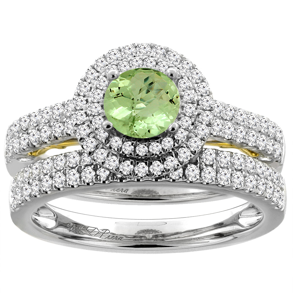 14K White Gold Diamond Natural Peridot Halo Engagement Ring Set Round 6 mm, sizes 5-10