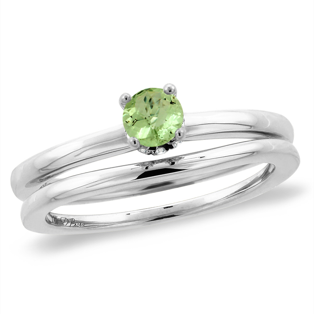 14K White Gold Diamond Natural Peridot 2pc Solitaire Engagement Ring Set Round 6 mm, sizes 5-10
