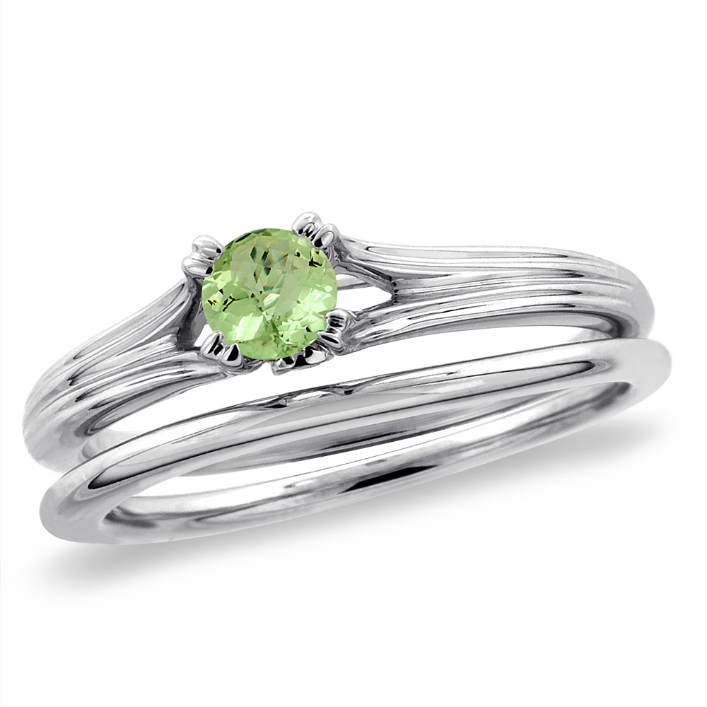 14K White Gold Diamond Natural Peridot 2pc Solitaire Engagement Ring Set Round 5 mm, sizes 5 -10