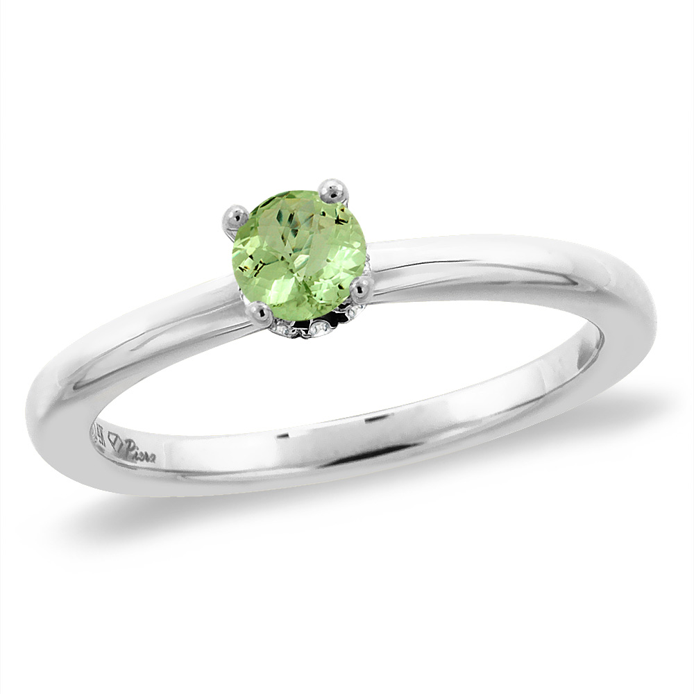 14K White Gold Diamond Natural Peridot Solitaire Engagement Ring Round 5 mm, sizes 5 -10
