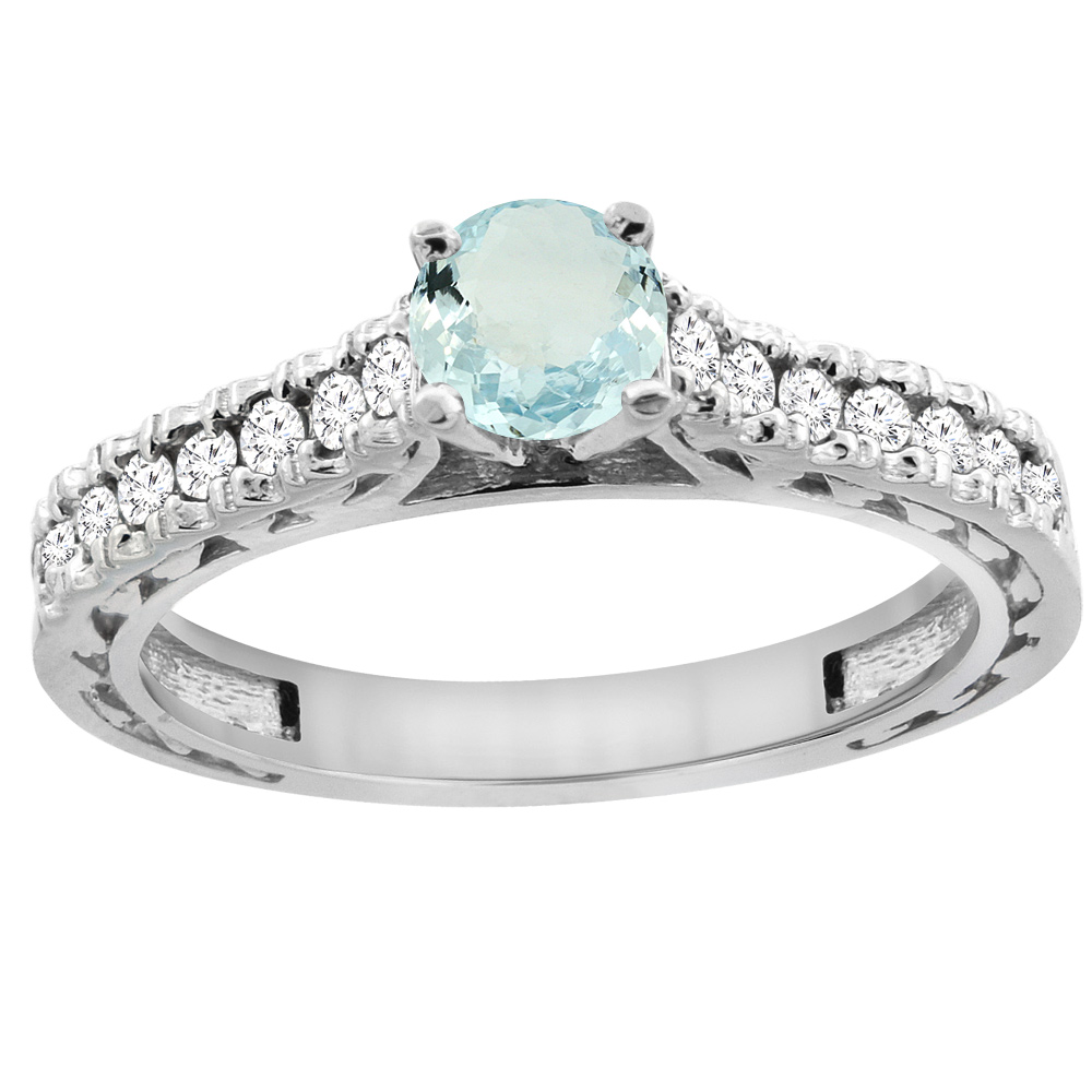 14K White Gold Natural Aquamarine Round 5mm Engraved Engagement Ring Diamond Accents, sizes 5 - 10