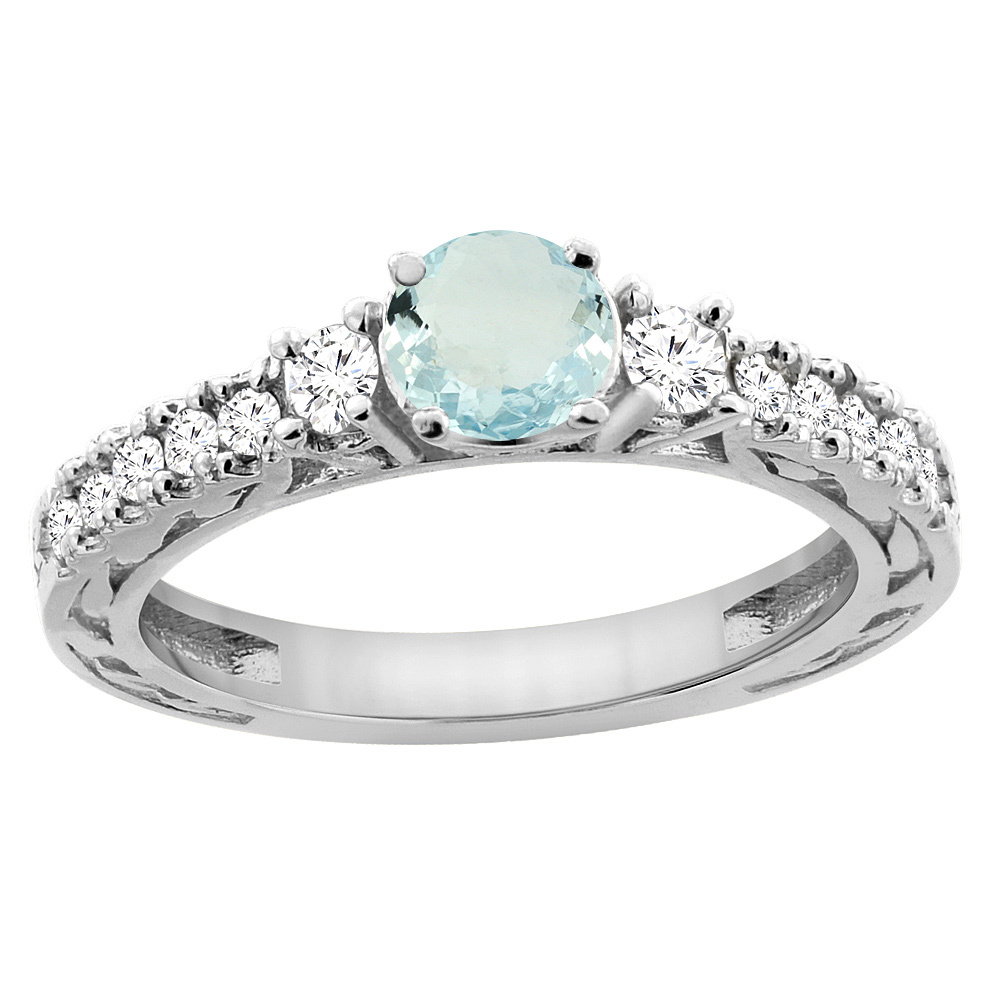 14K White Gold Natural Aquamarine Round 6mm Engraved Engagement Ring Diamond Accents, sizes 5 - 10
