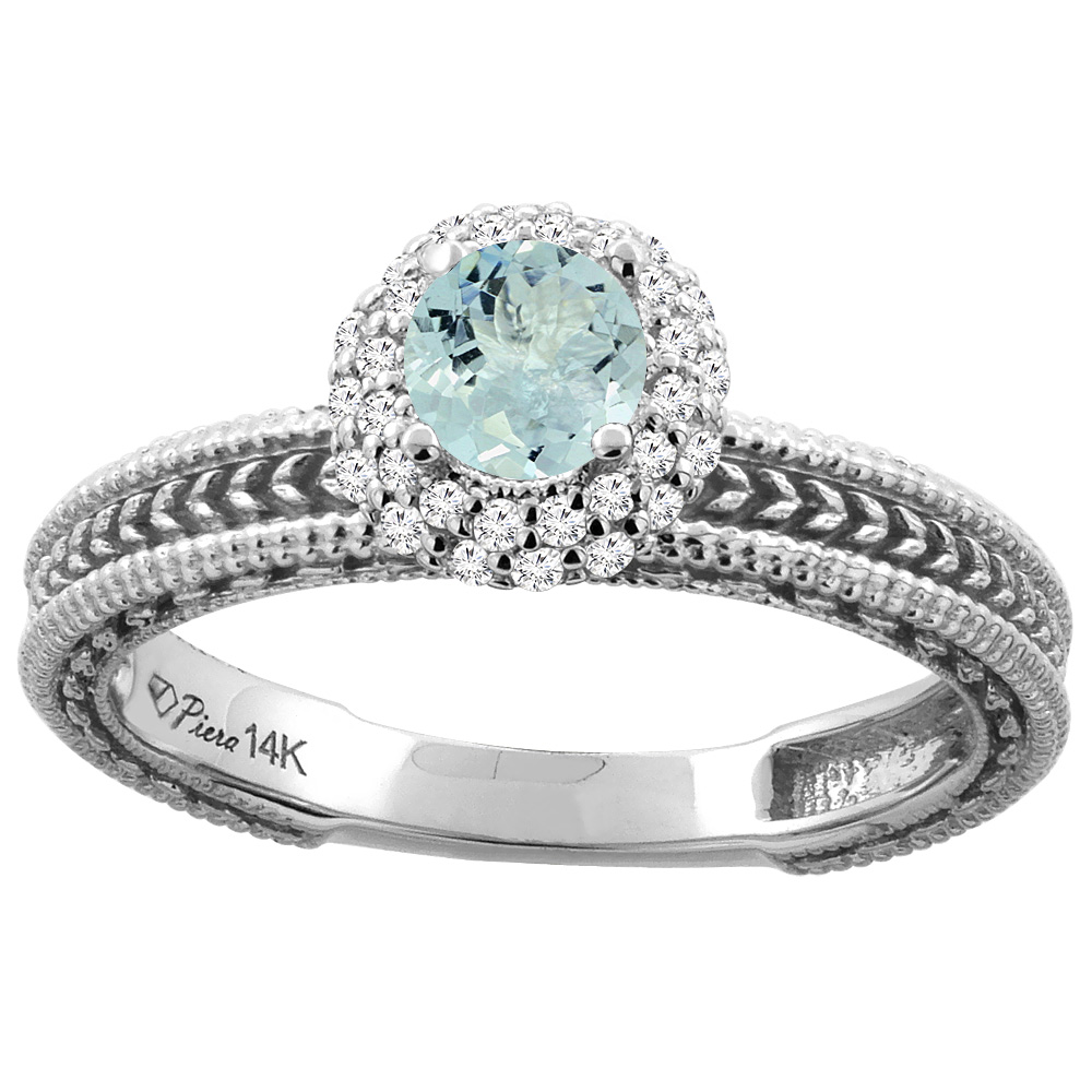 14K White Gold Natural Aquamarine & Diamond Engagement Ring Round 5 mm, sizes 5-10
