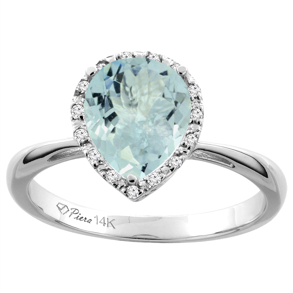 14K White Gold Natural Aquamarine &amp; Diamond Halo Engagement Ring Pear Shape 9x7 mm, sizes 5-10