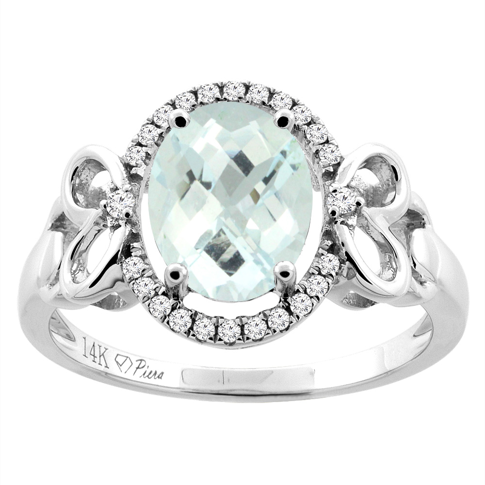 14K Gold Natural Aquamarine Halo Ring Oval 9x7 mm Diamond & Heart Accents, sizes 5 - 10