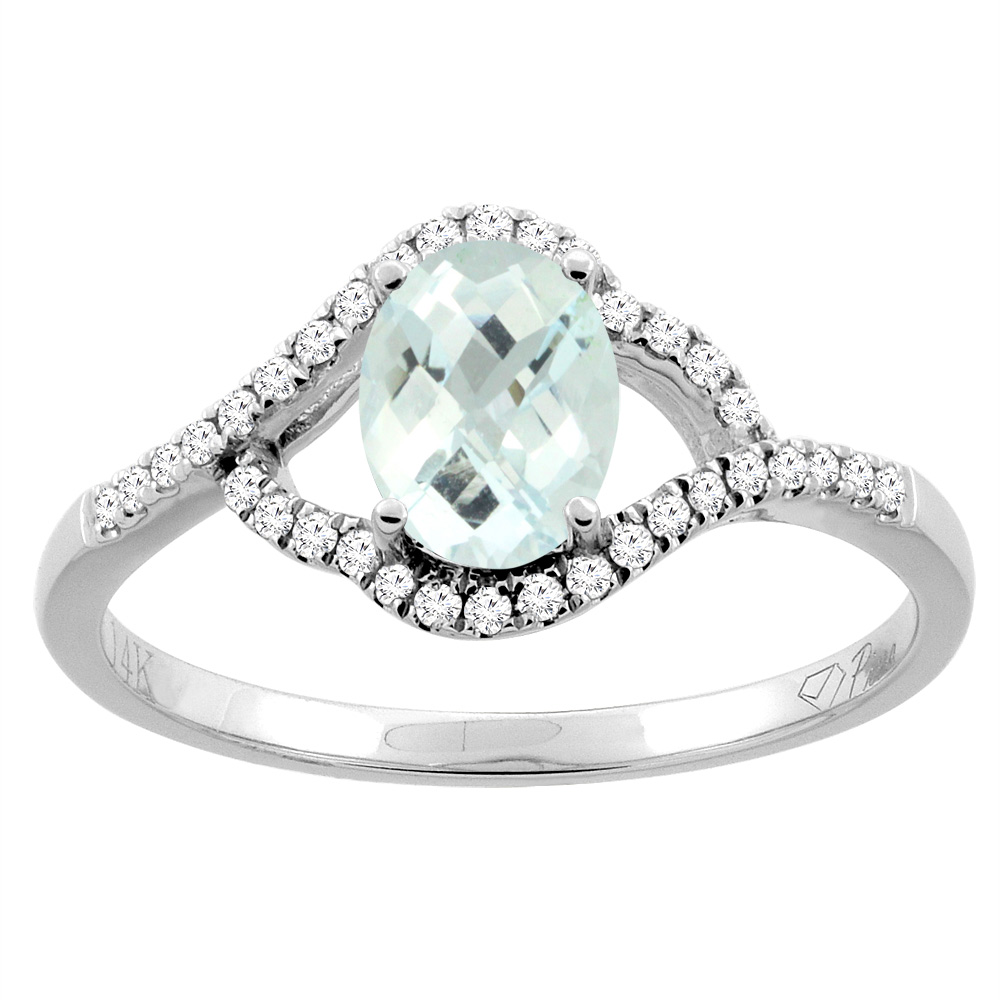 14K Gold Diamond Natural Aquamarine Engagement Ring Oval 7x5 mm, sizes 5 - 10