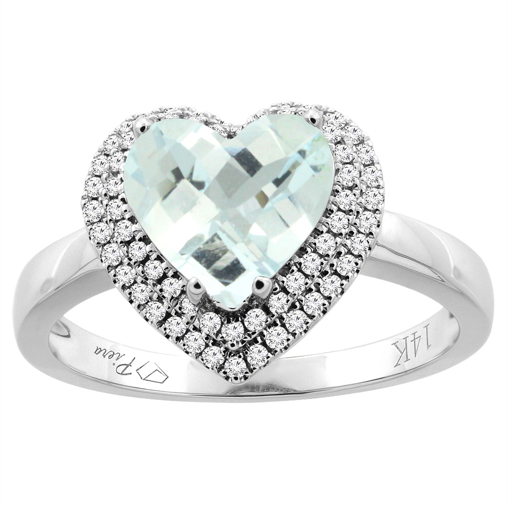 14K Gold Natural Aquamarine Ring Heart Shape 8 mm Diamond Accents, sizes 5 - 10