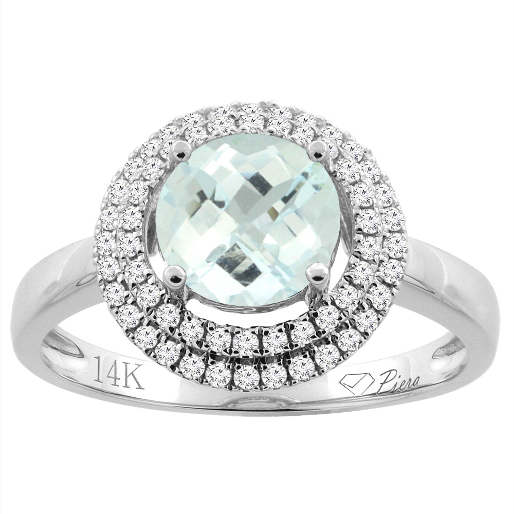 14K Gold Natural Aquamarine Ring Round 7 mm Double Halo Diamond Accents, sizes 5 - 10