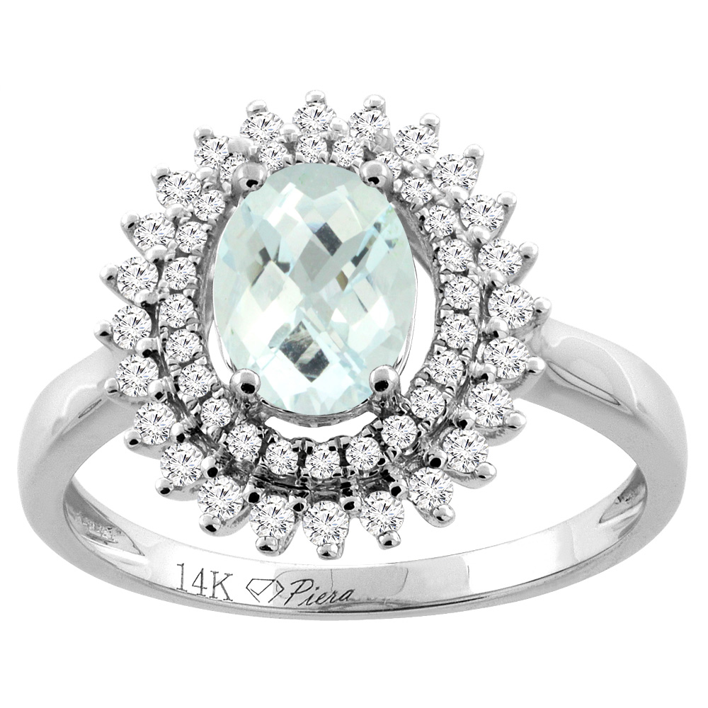 14K Gold Natural Aquamarine Ring Oval 8x6 mm Double Halo Diamond Accents, sizes 5 - 10