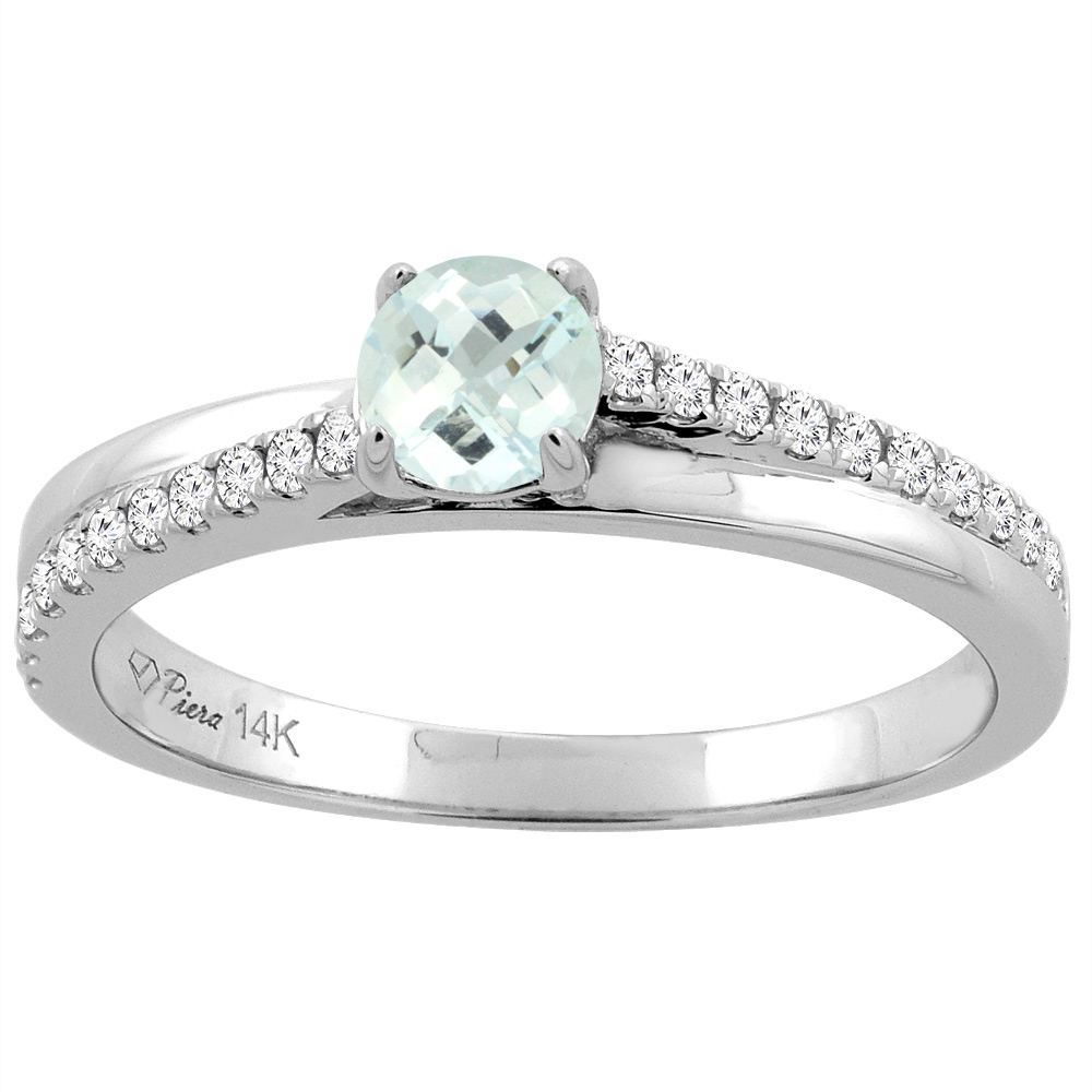 14K White Gold Natural Aquamarine Engagement Ring Round 5 mm & Diamond Accents, sizes 5 - 10