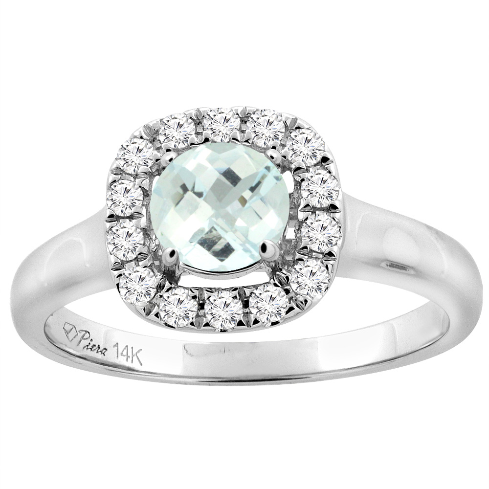 14K White Gold Natural Aquamarine Halo Engagement Ring Round 6 mm Diamond Accents, sizes 5 - 10