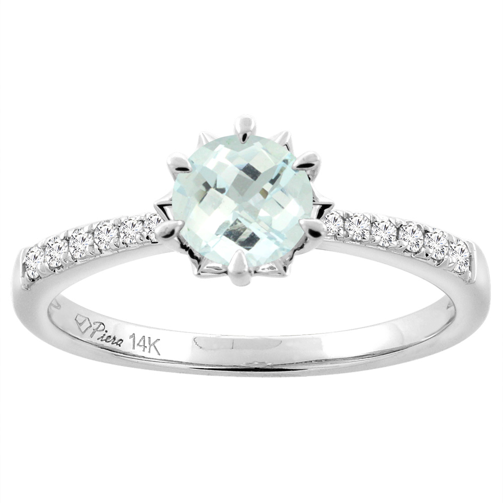 14K White Gold Natural Aquamarine Engagement Ring Round 6 mm & Diamond Accents, sizes 5 - 10