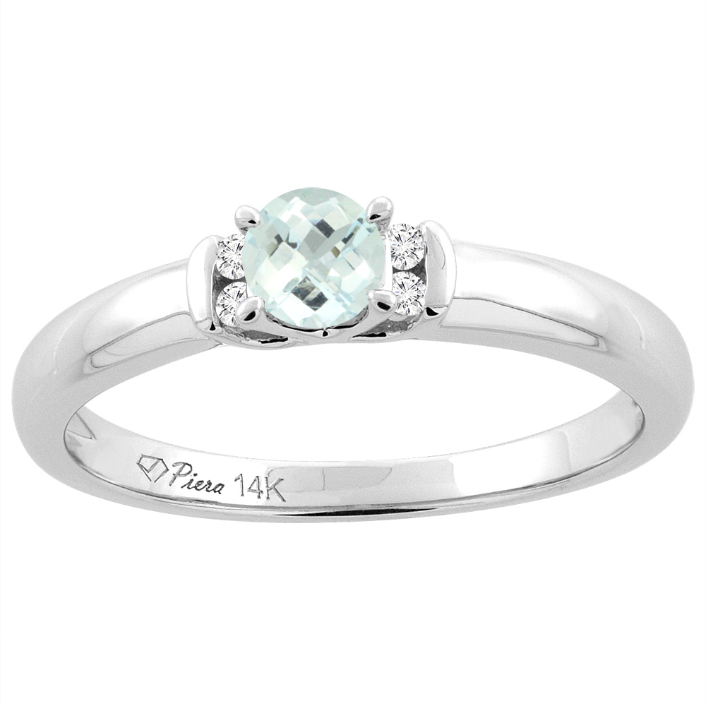 14K White Gold Natural Aquamarine Engagement Ring Round 4 mm & Diamond Accents, sizes 5 - 10