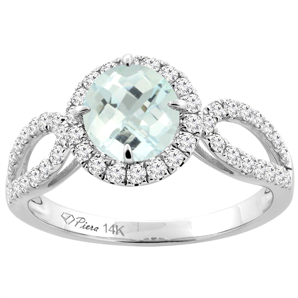 14K White Gold Natural Aquamarine Engagement Halo Ring Round 6 mm &amp; Diamond Accents, sizes 5 - 10