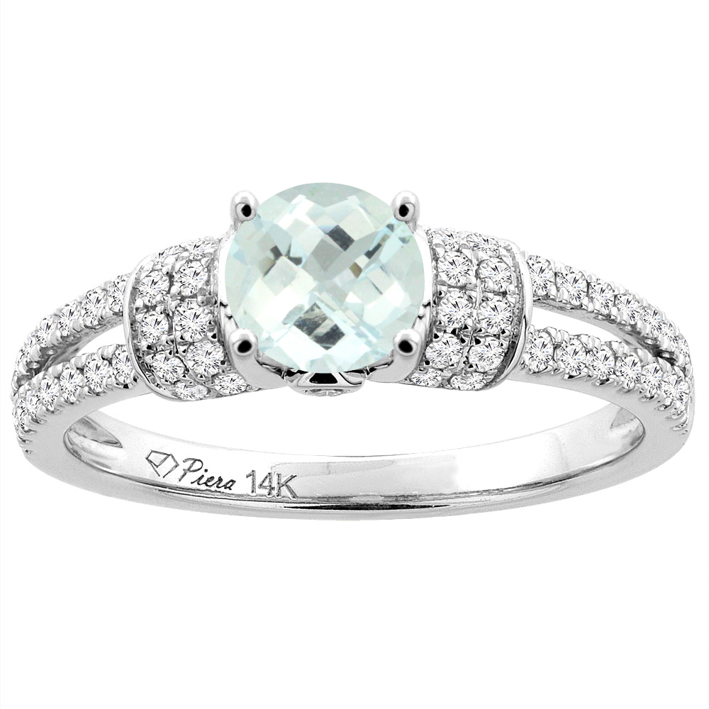 14K White Gold Natural Aquamarine Engagement Ring Round 6 mm & Diamond Accents, sizes 5 - 10