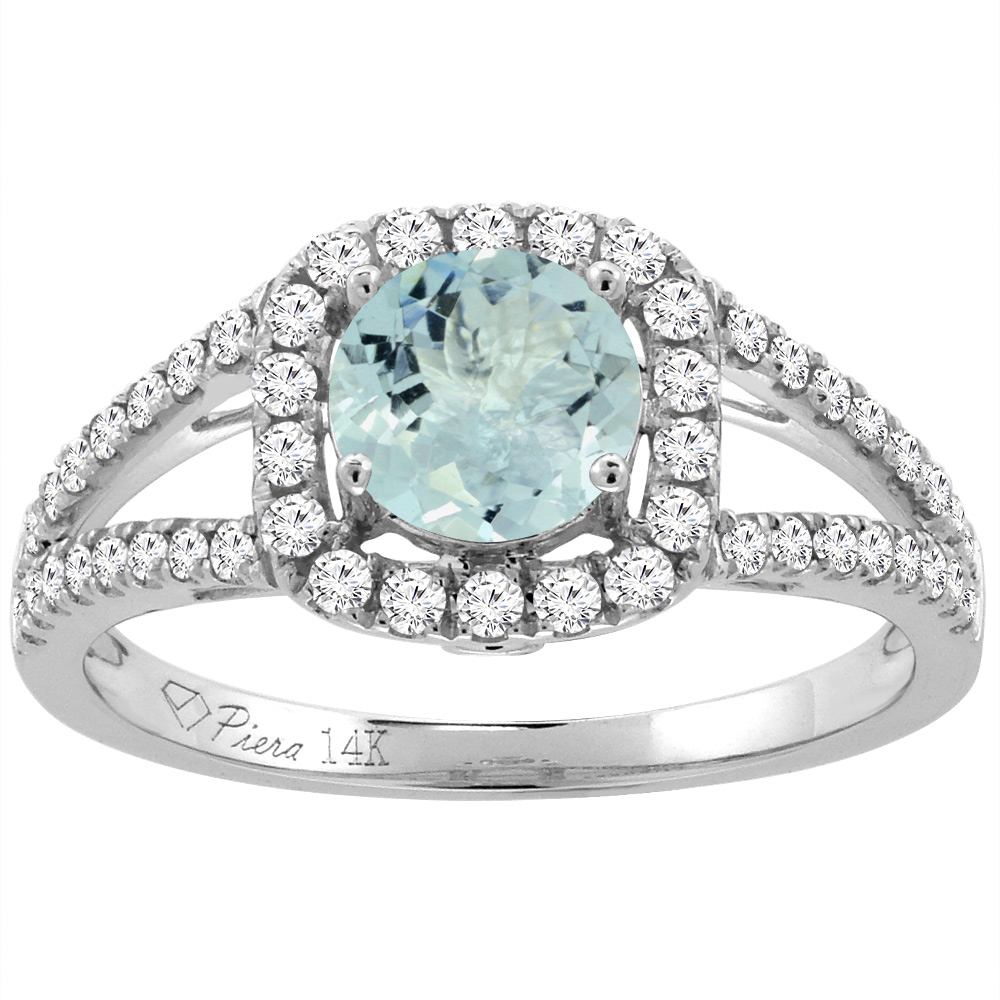 14K White Gold Diamond Natural Aquamarine Engagement Halo Ring Round 7 mm, sizes 5-10