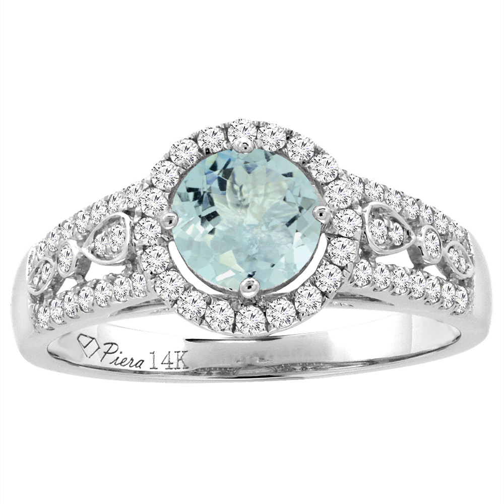 14K White Gold Diamond Natural Aquamarine Engagement Halo Ring Round 7 mm, sizes 5-10