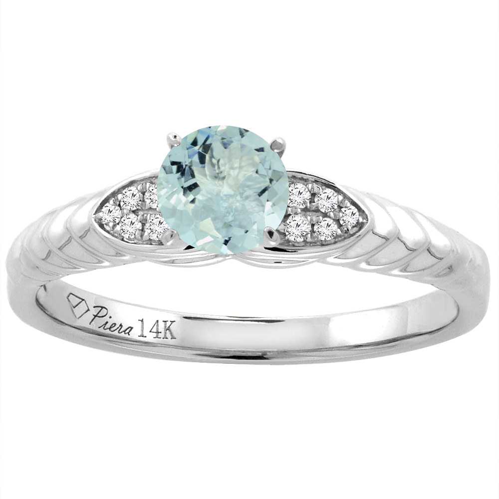 14K White Gold Diamond Natural Aquamarine Engagement Ring Round 5 mm, sizes 5-10