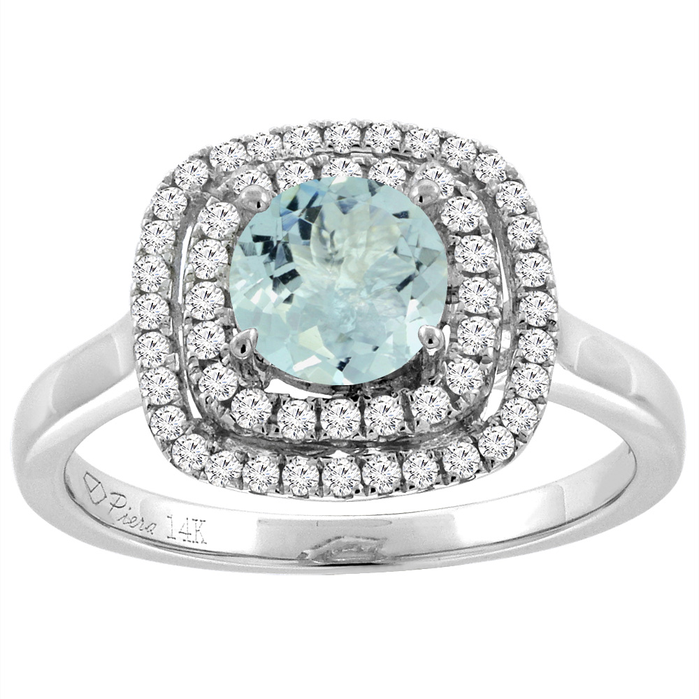 14K White Gold Natural Aquamarine Double Halo Diamond Engagement Ring Round 7 mm, sizes 5-10