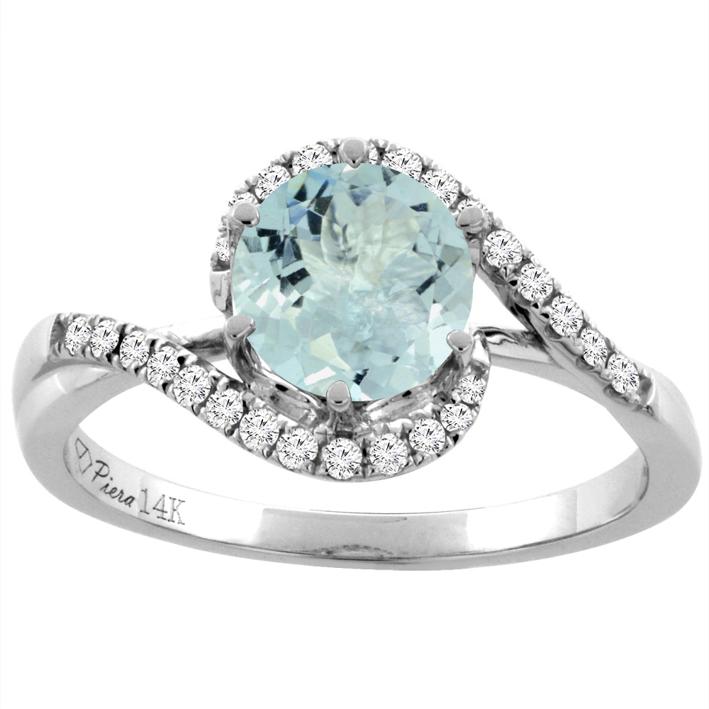 14K White Gold Diamond Natural Aquamarine Bypass Engagement Ring Round 7 mm, sizes 5-10